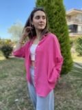 Fuşya Oversize Keten Gömlek