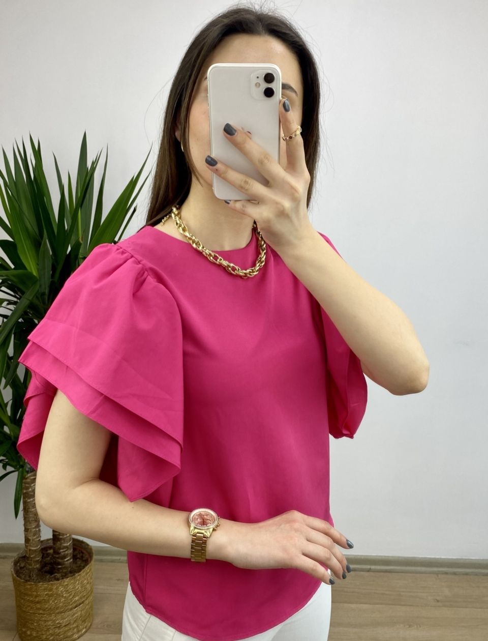 Fuşya Kolları Volanlı Poplin Bluz - Görsel 4