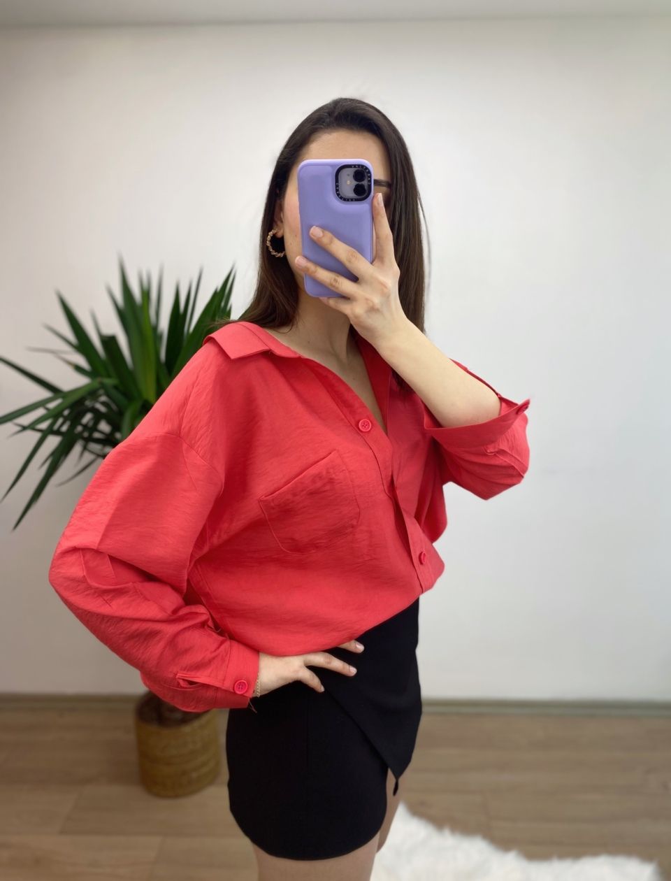 Kırmızı Bambu Oversize Premium Gömlek - Görsel 2