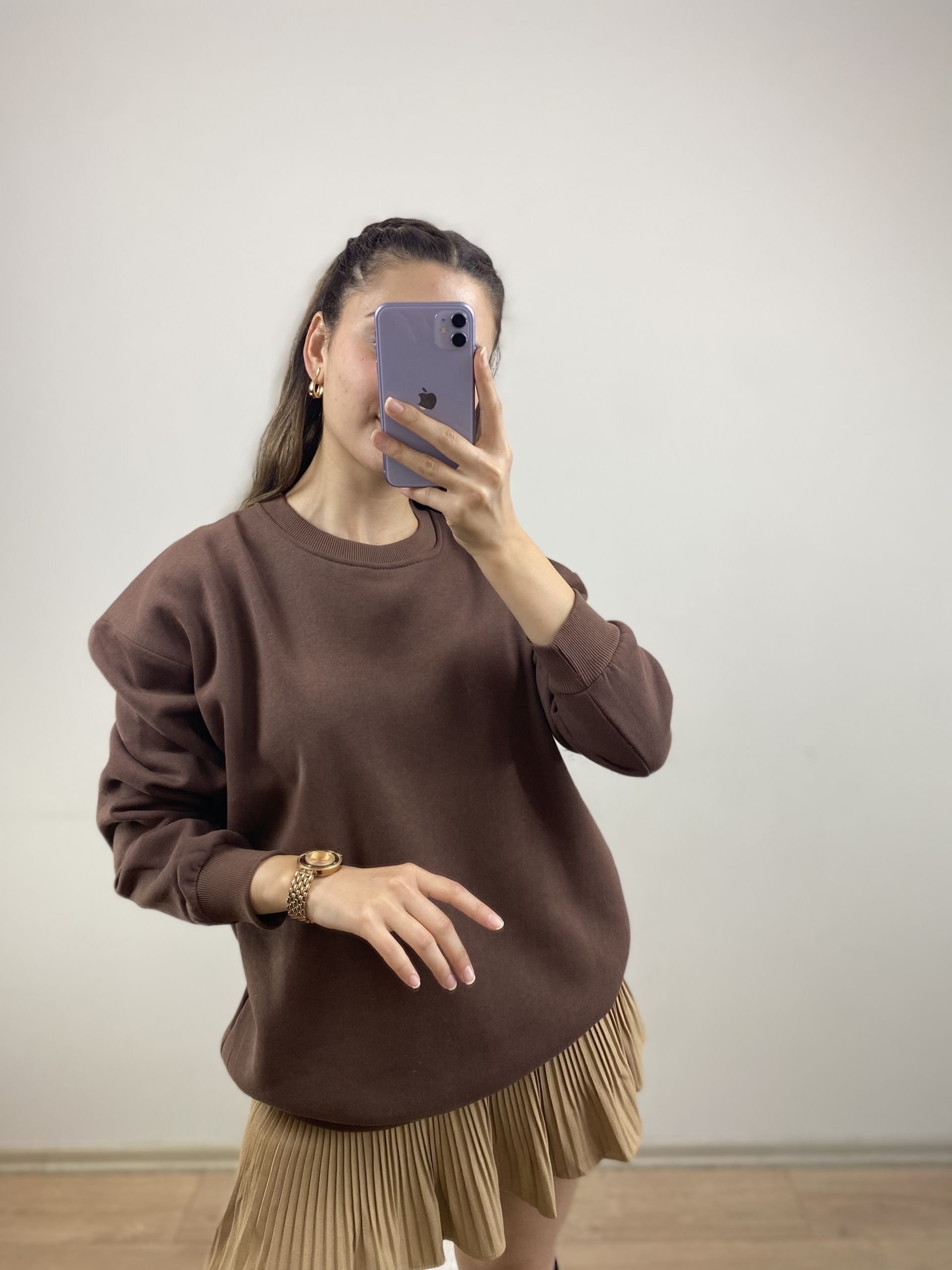Kahve Şardonlu Oversize Sweat - Görsel 2