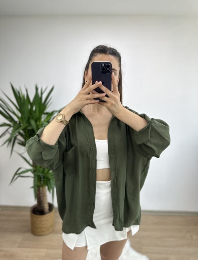 Haki Düşük Omuz Oversize Gömlek