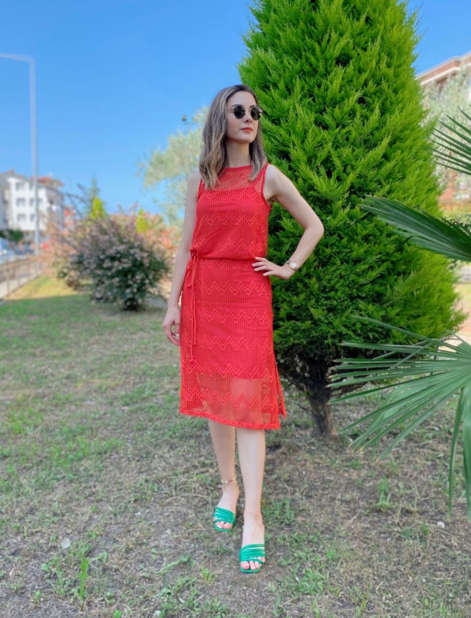 Nar Çiçeği Kuşaklı File Elbise - Görsel 3