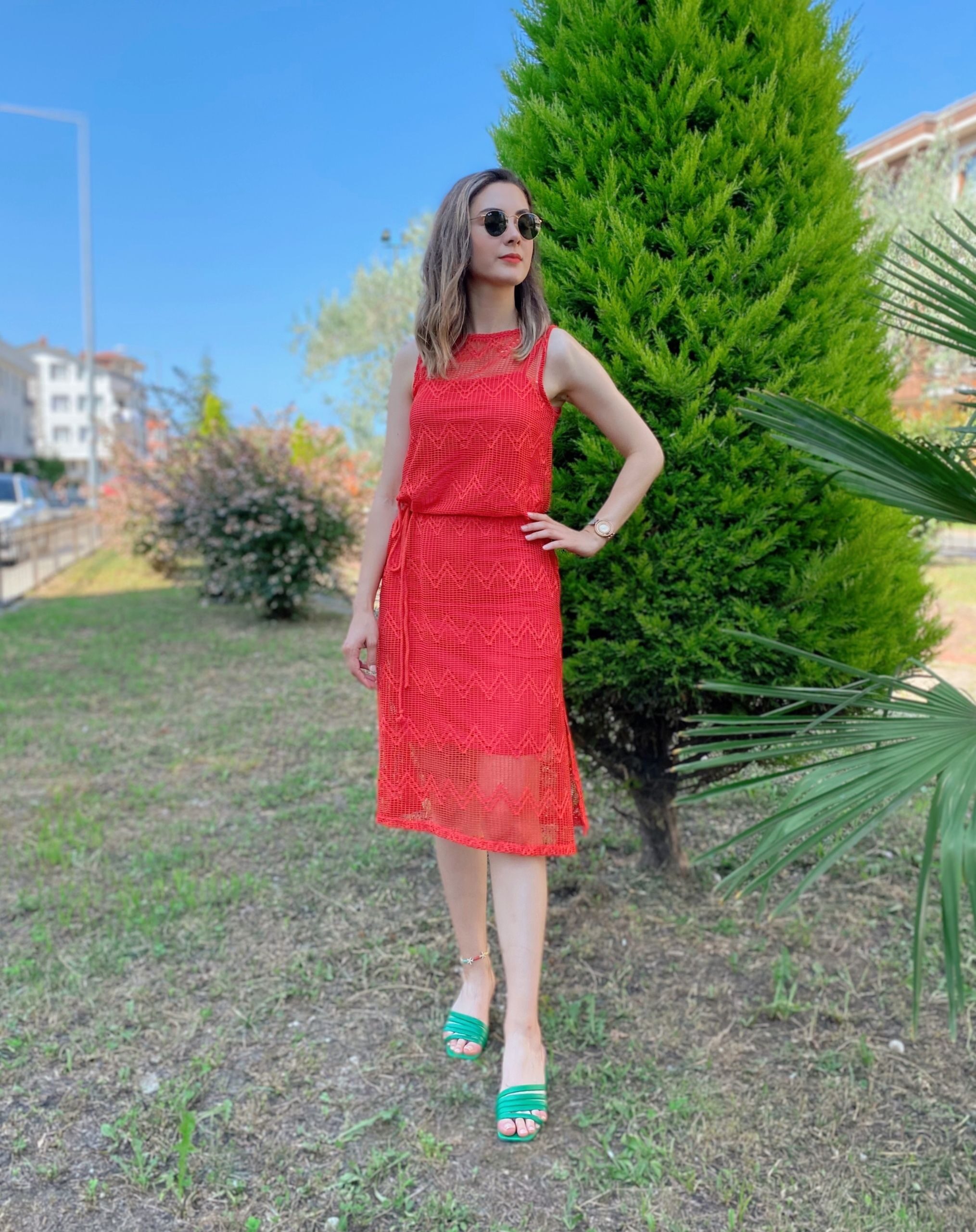 Nar Çiçeği Kuşaklı File Elbise - Görsel 3