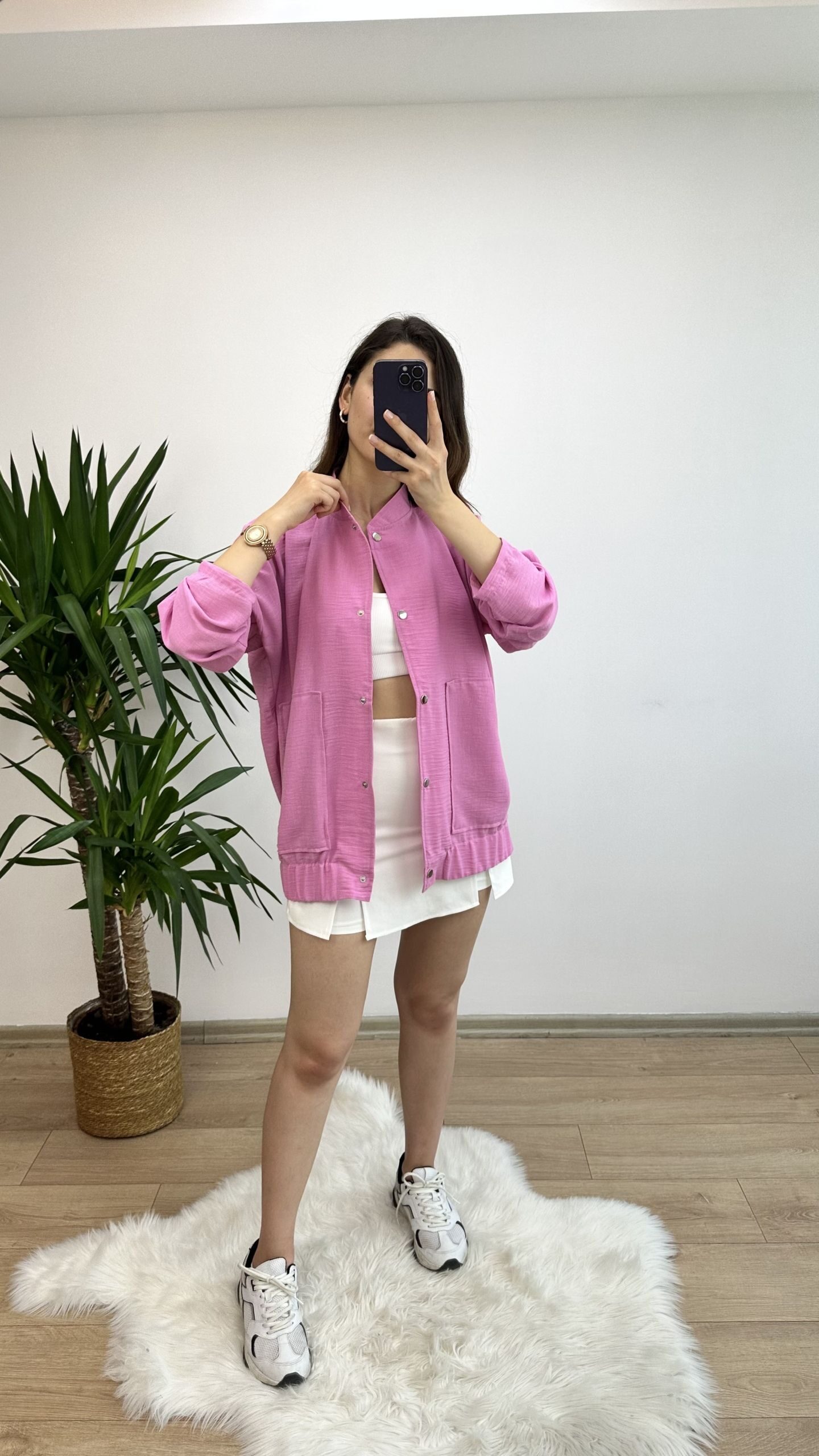 Pembe Keten Bomber Ceket