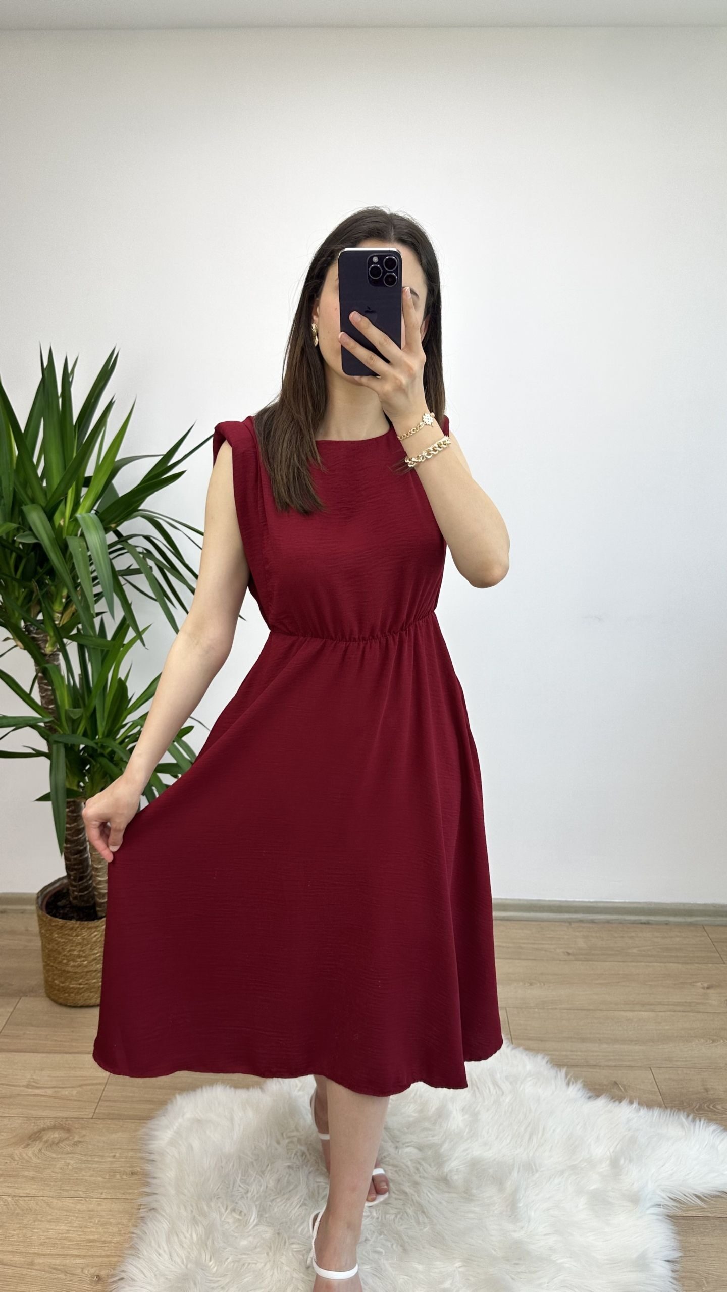Bordo Vatkalı Basic Elbise - Görsel 3