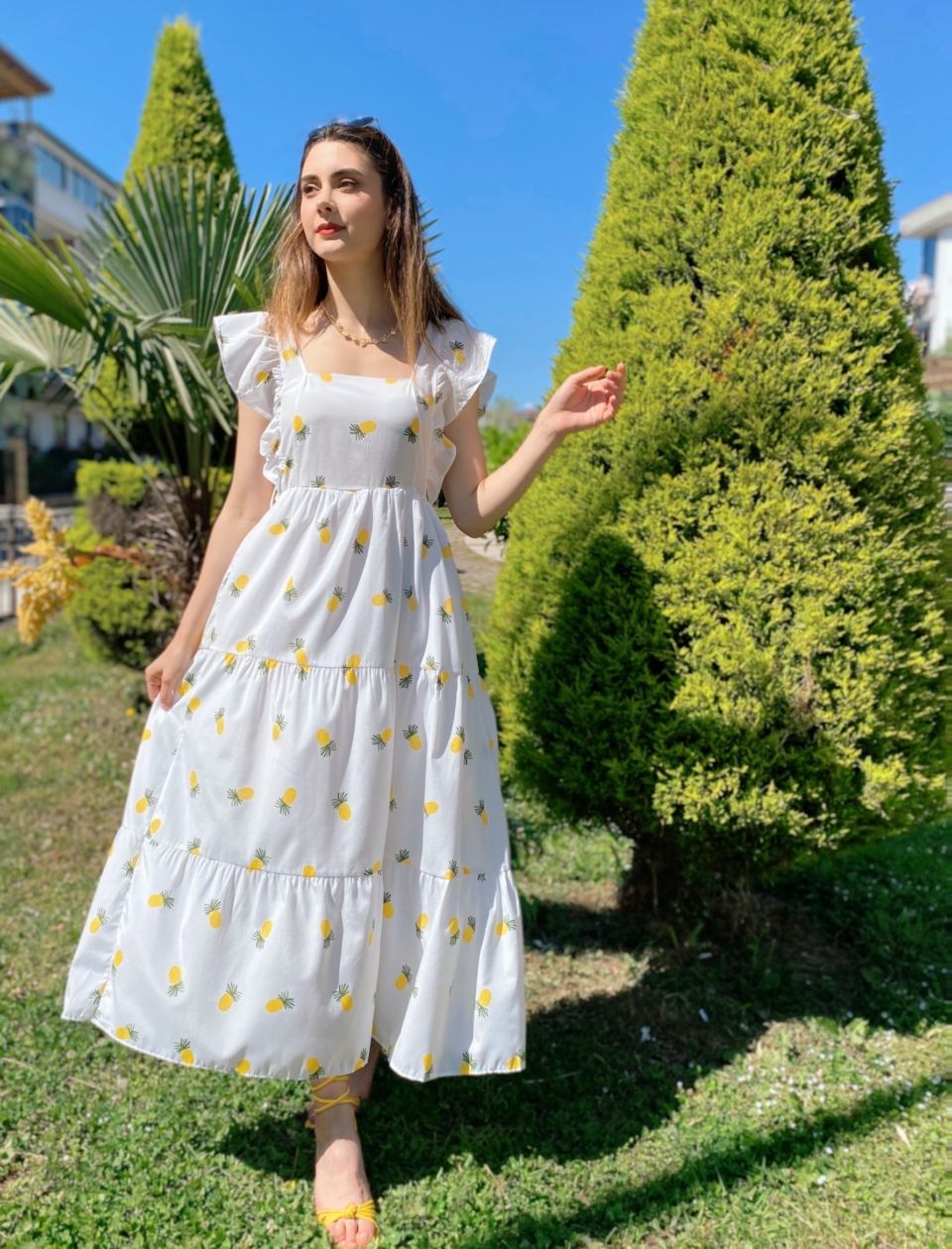 Beyaz Ananaslı Kemerli Elbise - Görsel 6