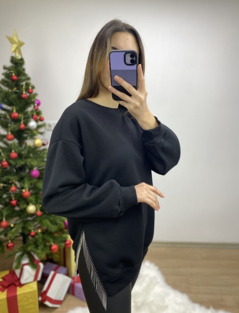 Siyah Yandan Zincirli Sweat - Görsel 3
