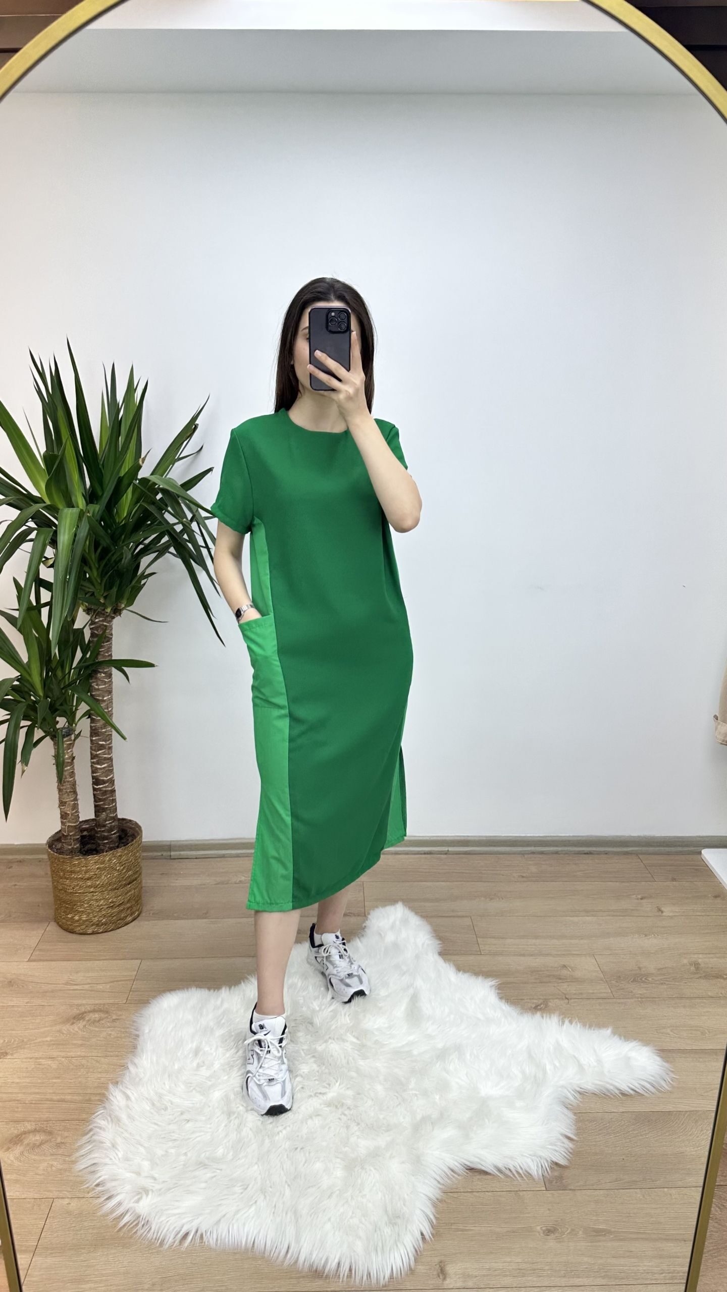 Yeşil Yanları Poplin Basic Elbise - Görsel 2