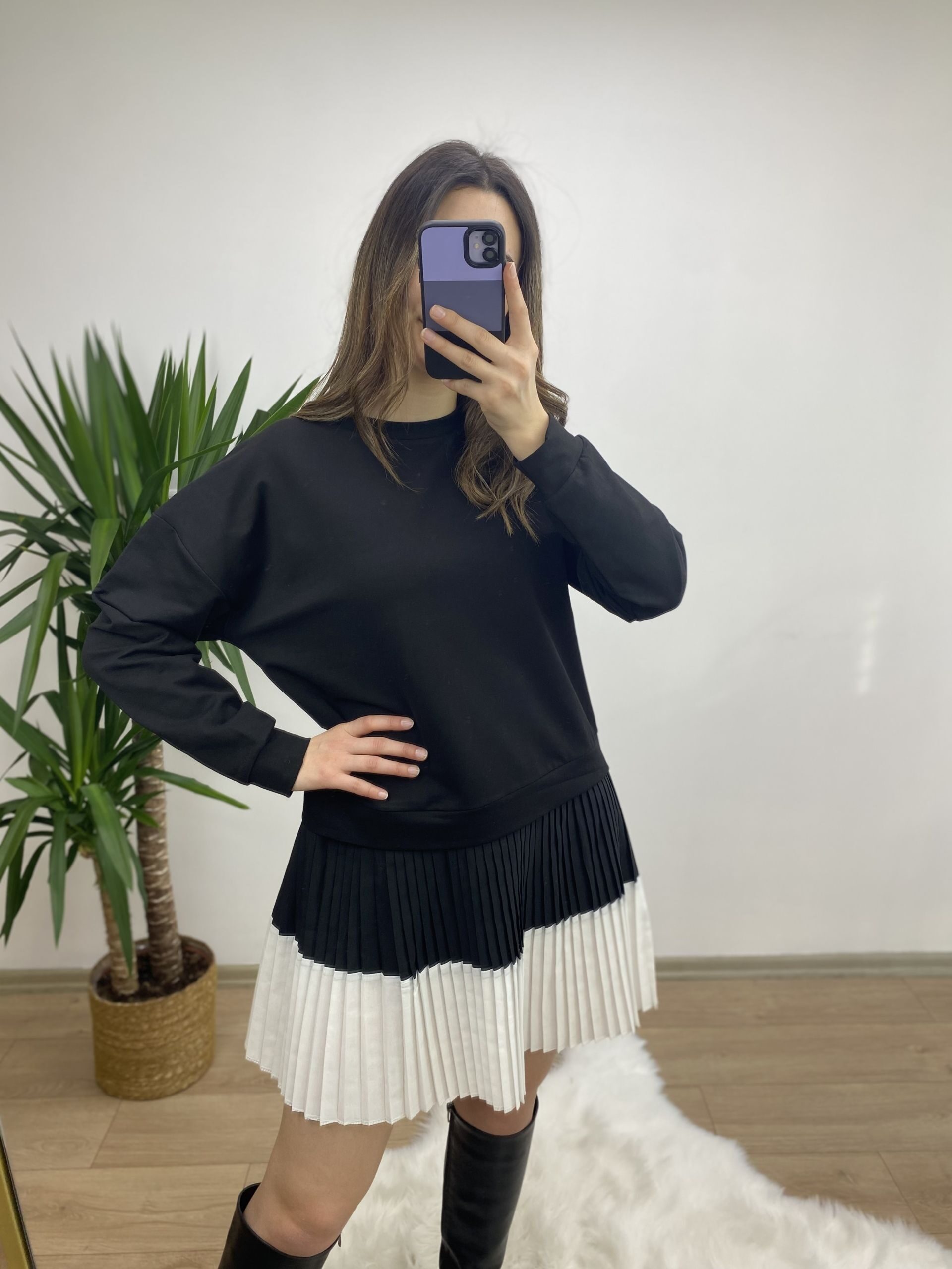 Siyah Piliseli Sweat Elbise - Görsel 3