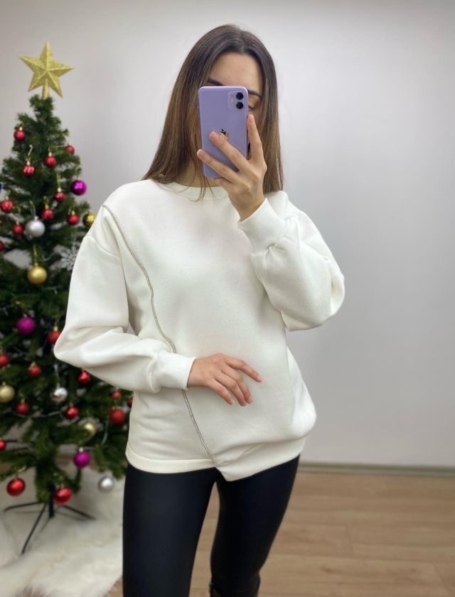 Beyaz Şerit Taşlı Tasarım Sweat