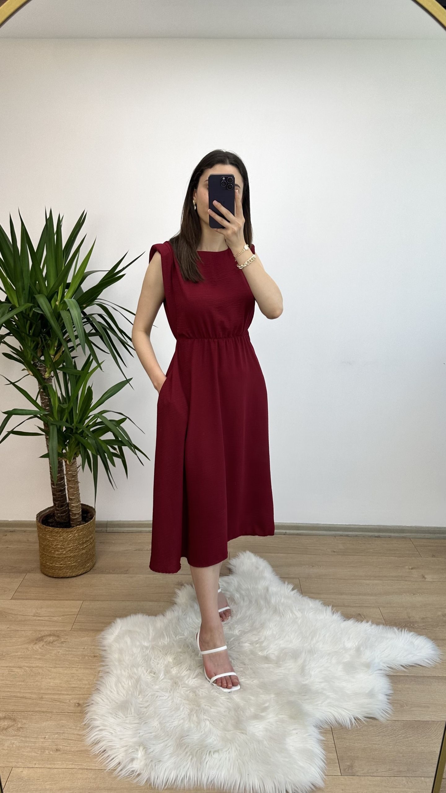 Bordo Vatkalı Basic Elbise