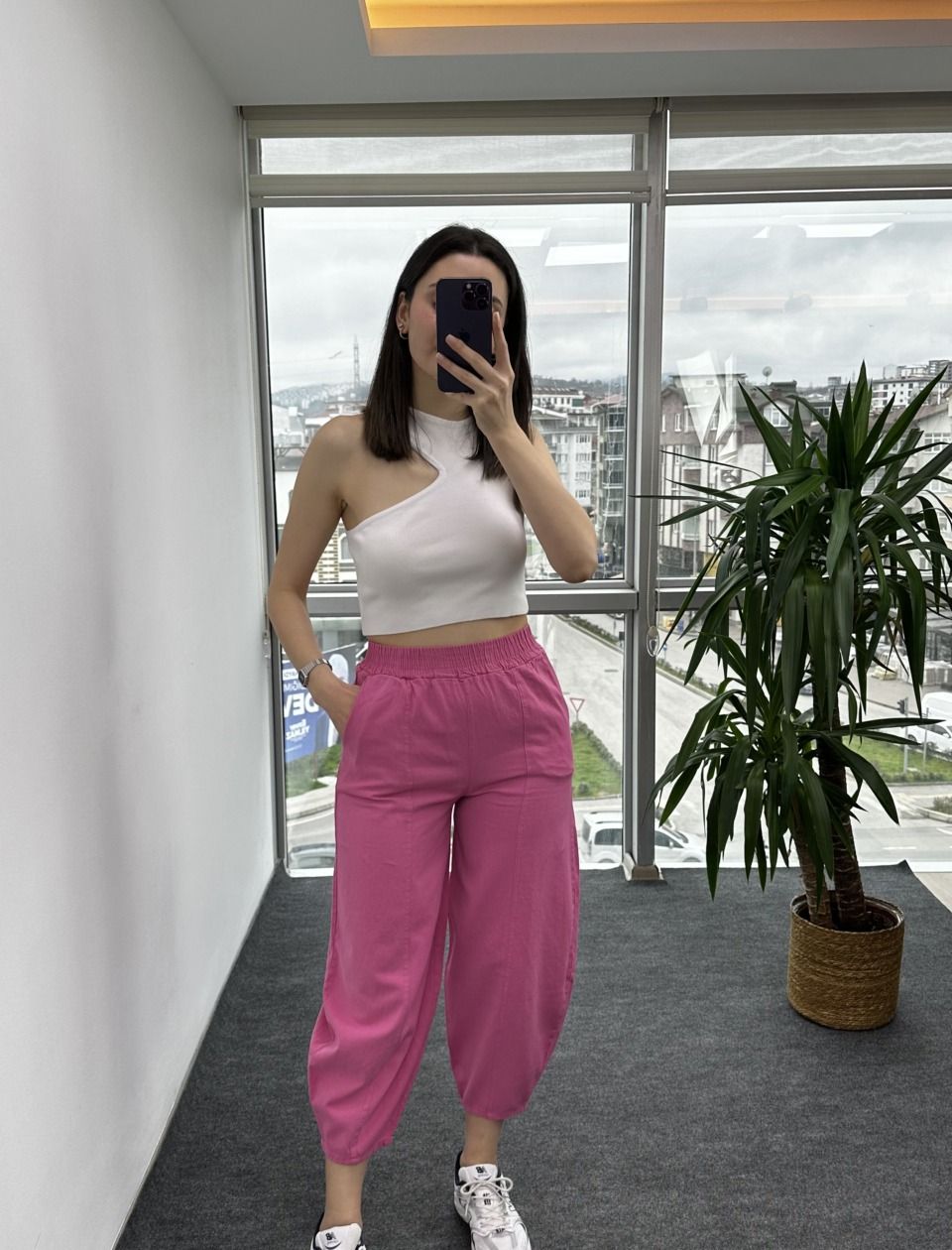 Pembe Gabardin Dikişli Şalvar Pantolon