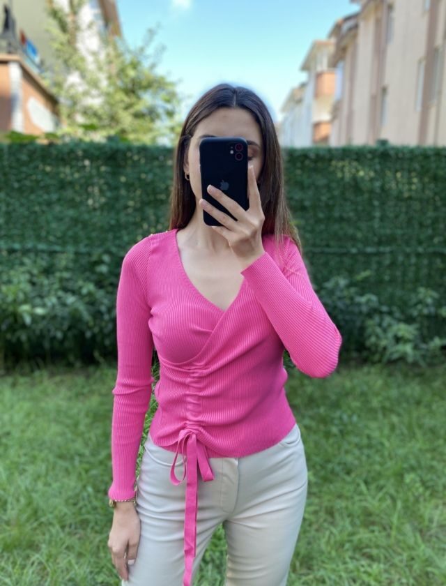 Pembe Önden Büzgülü Kruvaze Bluz