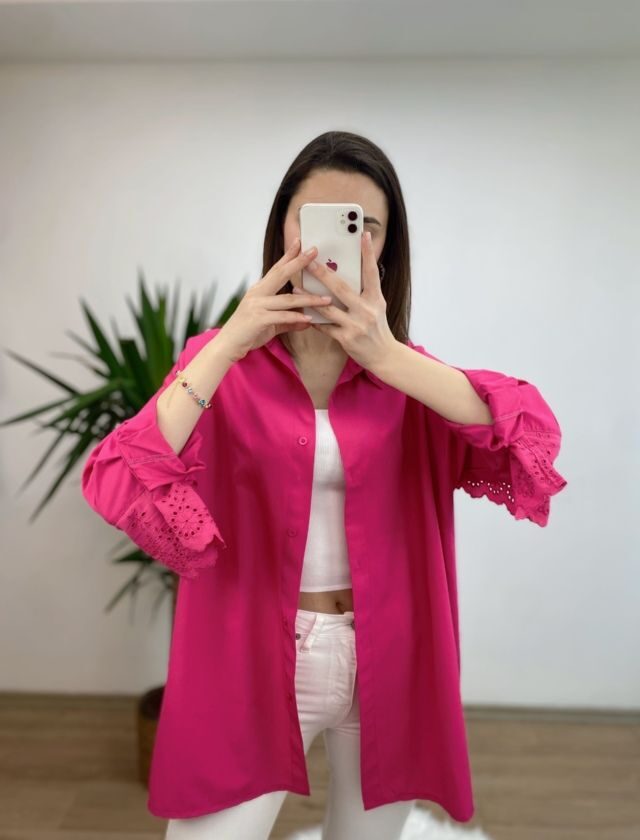 Fuşya Fisto Detay Oversize Gömlek