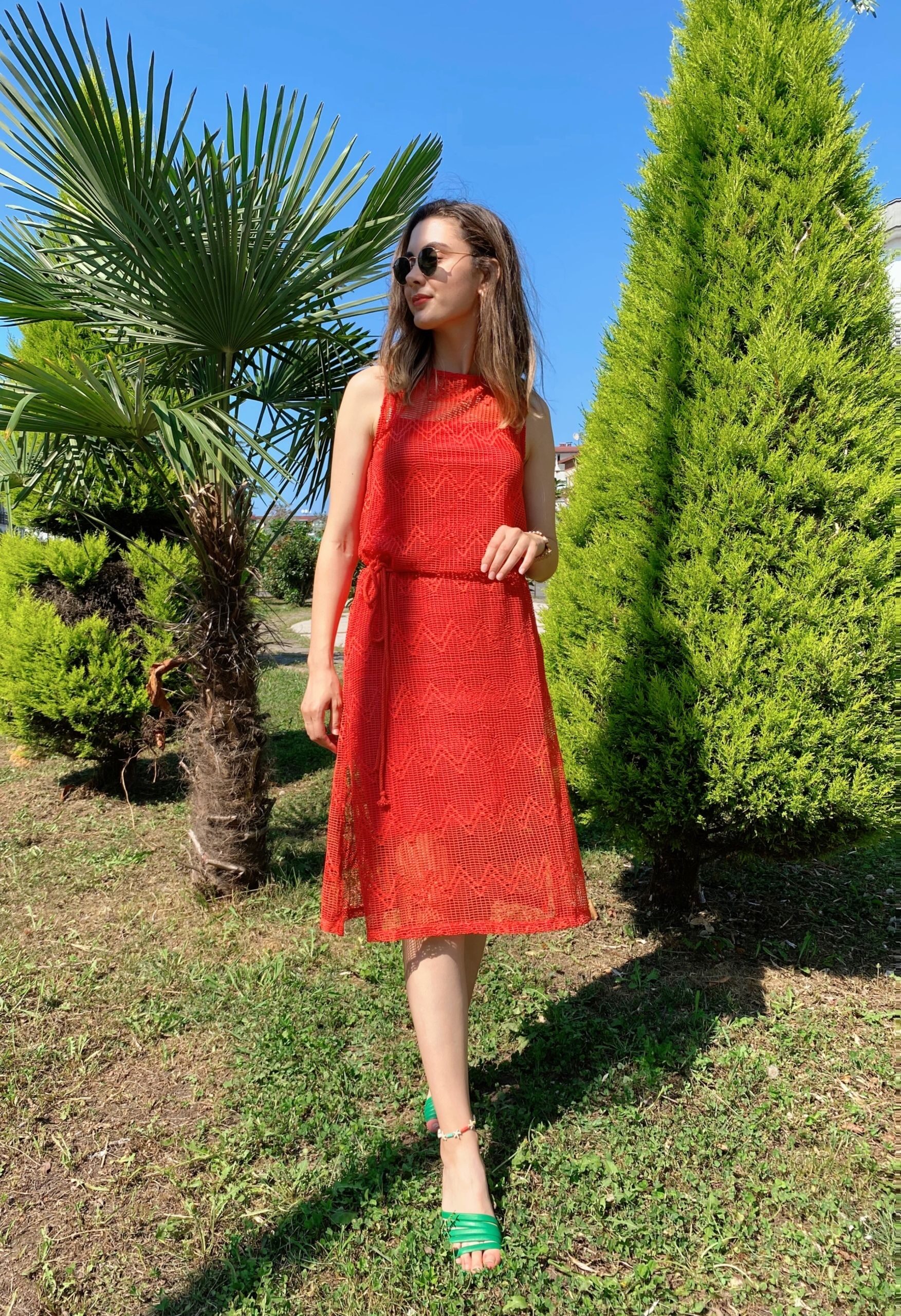 Nar Çiçeği Kuşaklı File Elbise - Görsel 2