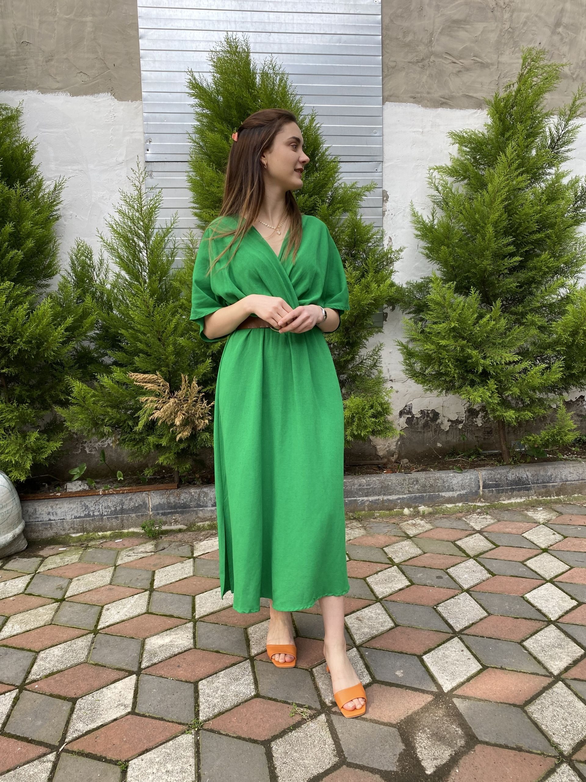 Benetton Yeşil Keten Kruvaze Elbise - Görsel 2