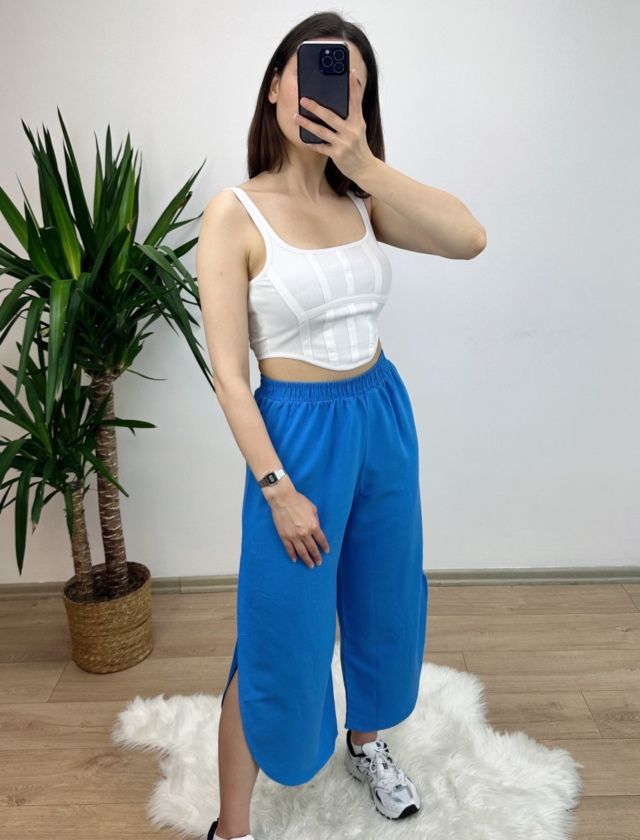 Mavi Yırtmaçlı Keten Pantolon