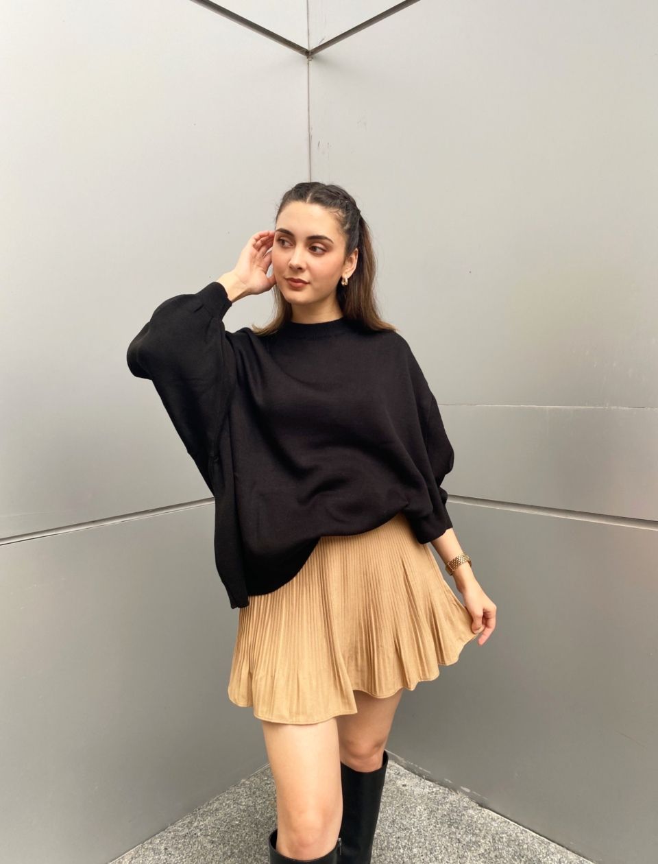 Siyah Oversize Triko Kazak - Görsel 4