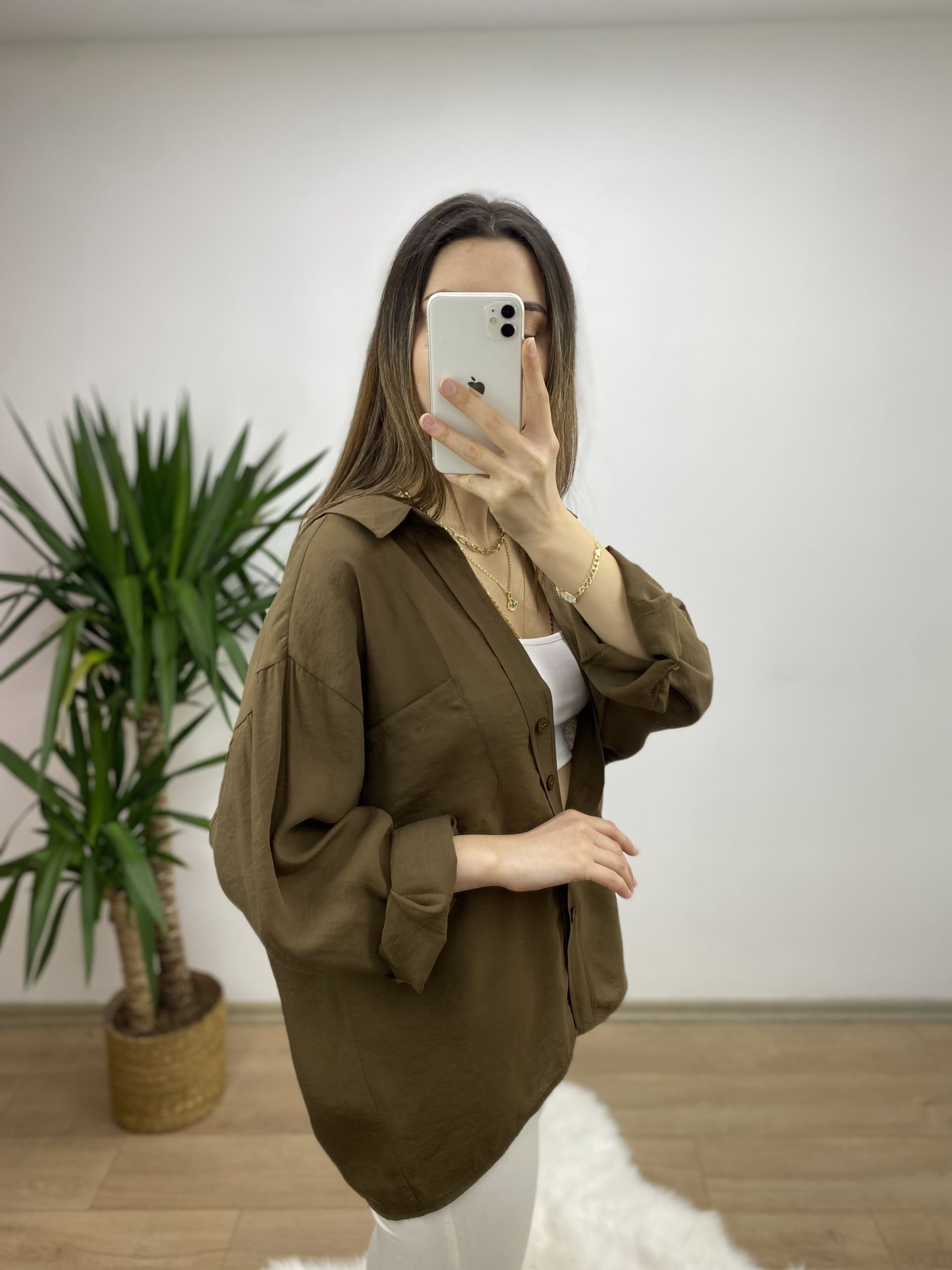Kahve Düşük Omuz Oversize Gömlek - Görsel 2