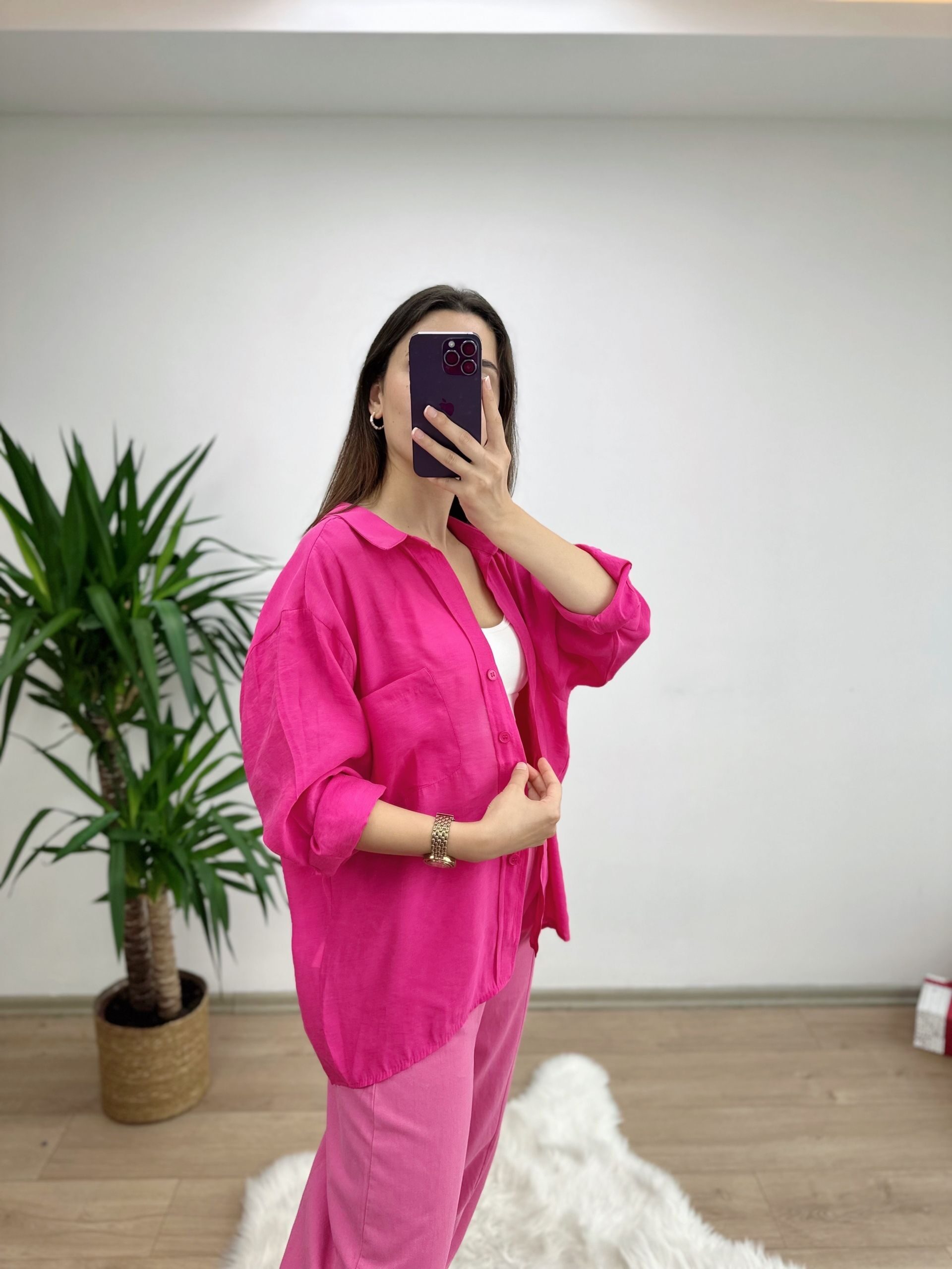 Fuşya Düşük Omuz Oversize Gömlek - Görsel 3