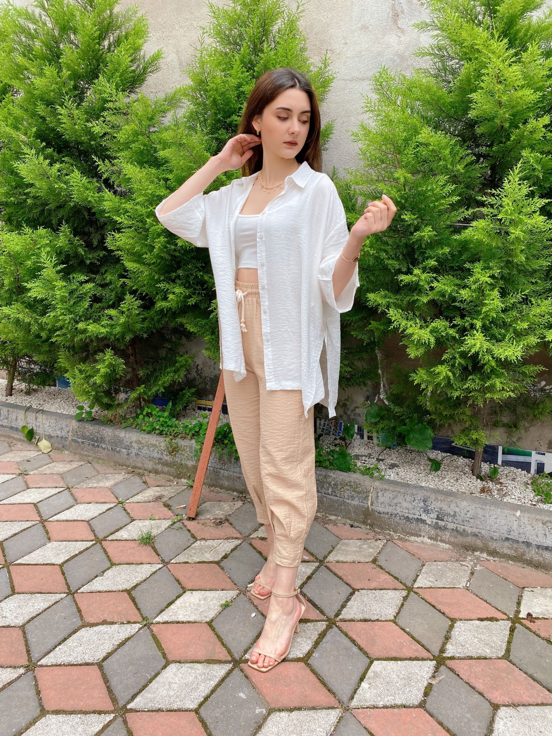 Camel Beli İpli Paça Pensli Pantolon - Görsel 5
