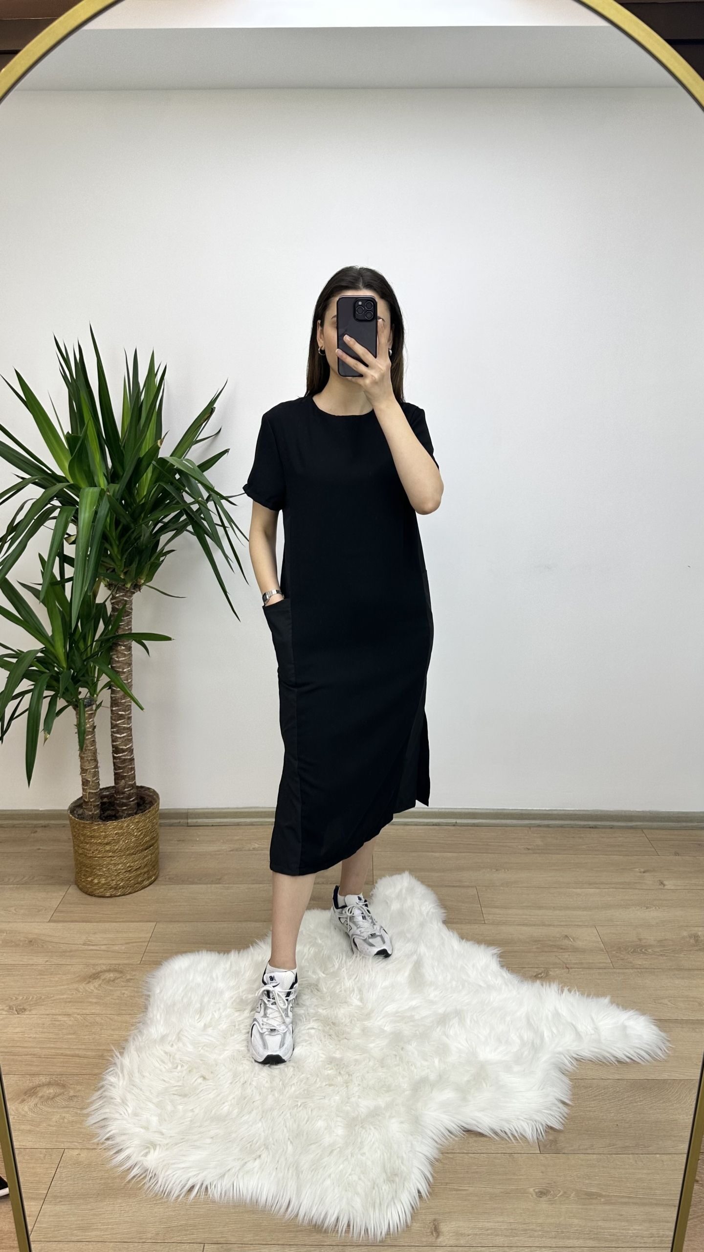 Siyah Yanları Poplin Basic Elbise