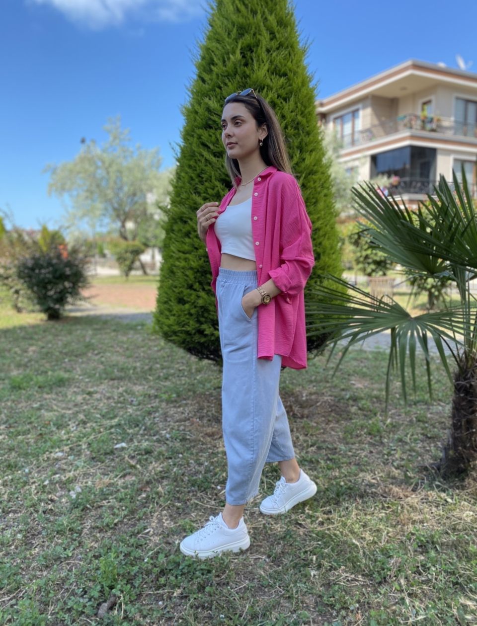 Fuşya Oversize Keten Gömlek - Görsel 3