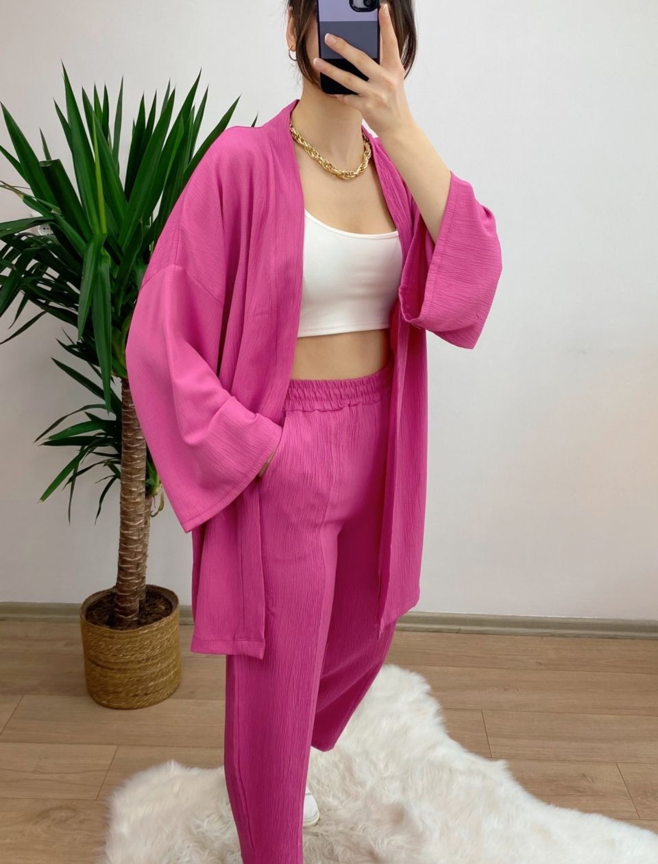 Pembe Gofre Kumaş Takım