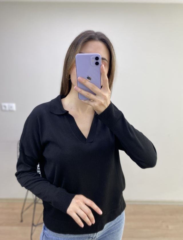 Siyah Polo Yaka İnce Kazak