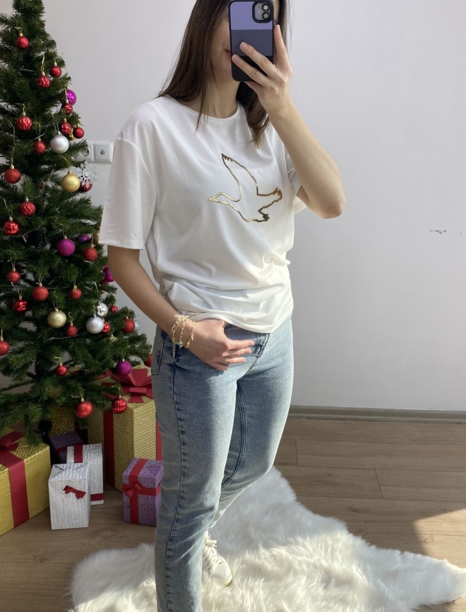 Beyaz Kuş Baskılı Tshirt