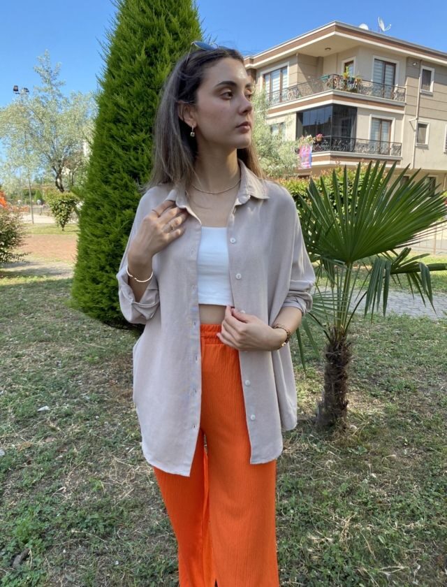 Taş Oversize Keten Gömlek