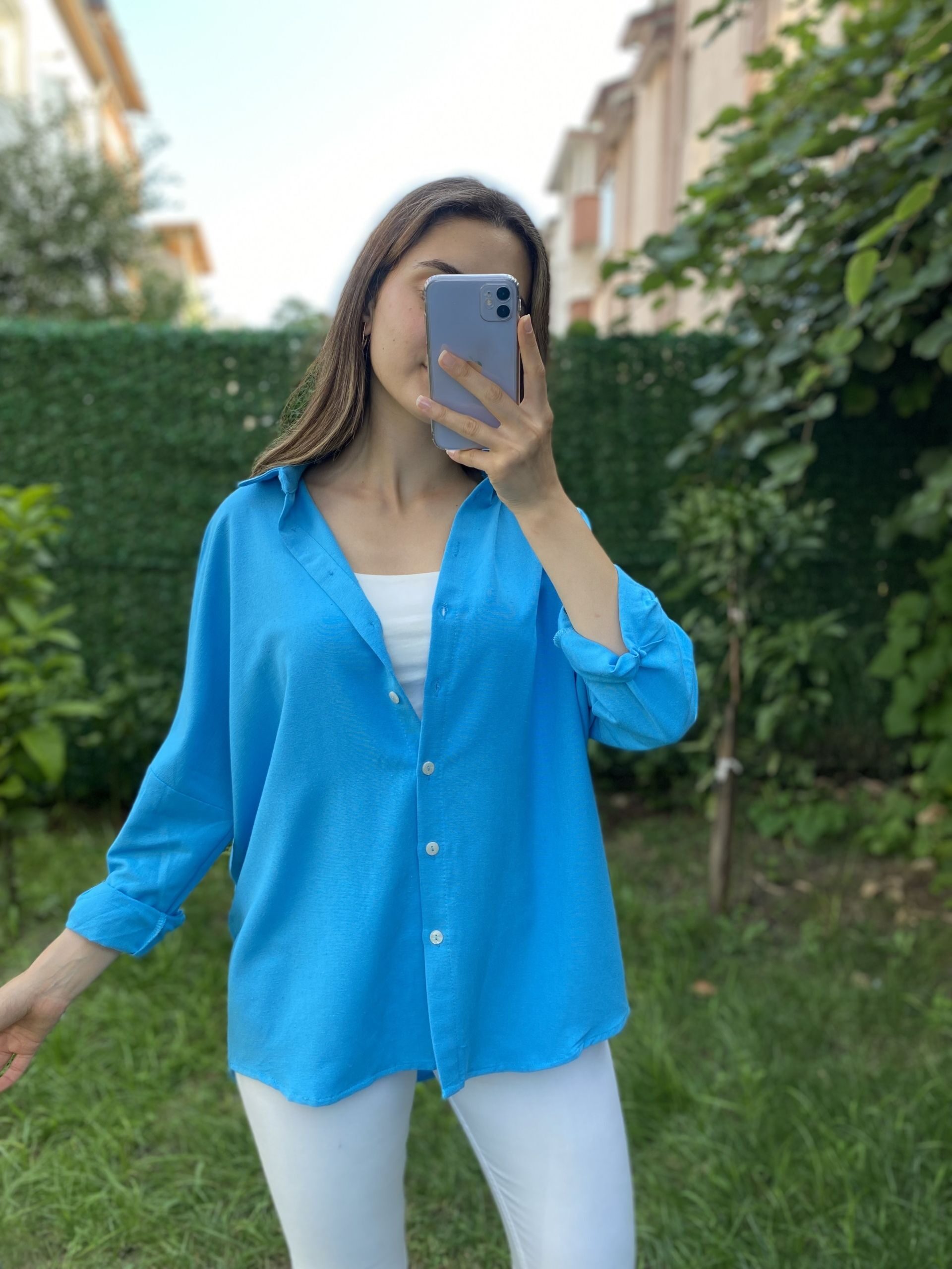 Açık Mavi Oversize Keten Gömlek - Görsel 3