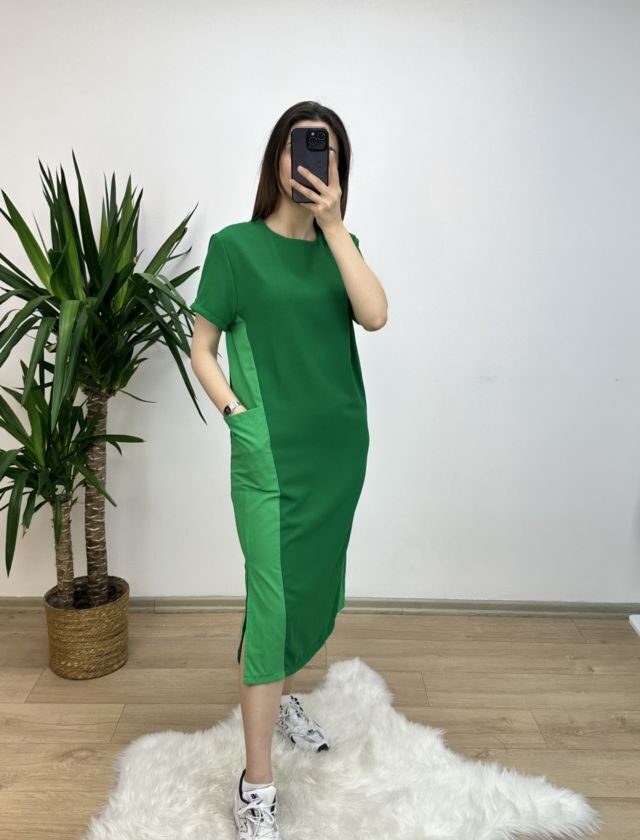 Yeşil Yanları Poplin Basic Elbise