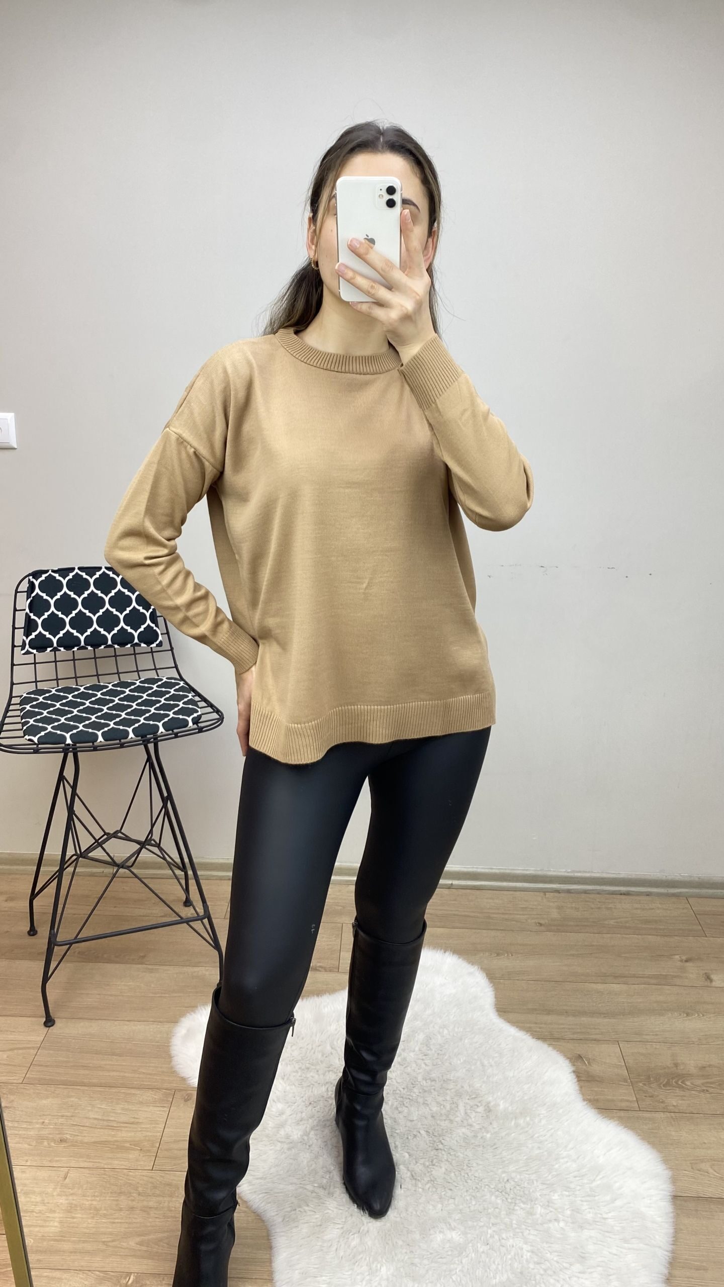 Camel Bisiklet Yaka Yırtmaçlı Kazak