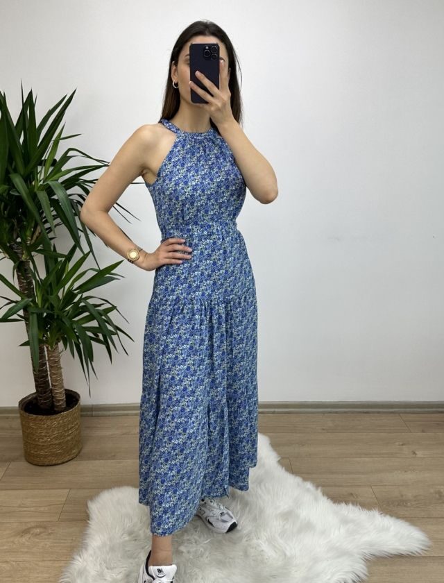 Mavi Çiçek Desen Halter Yaka Elbise