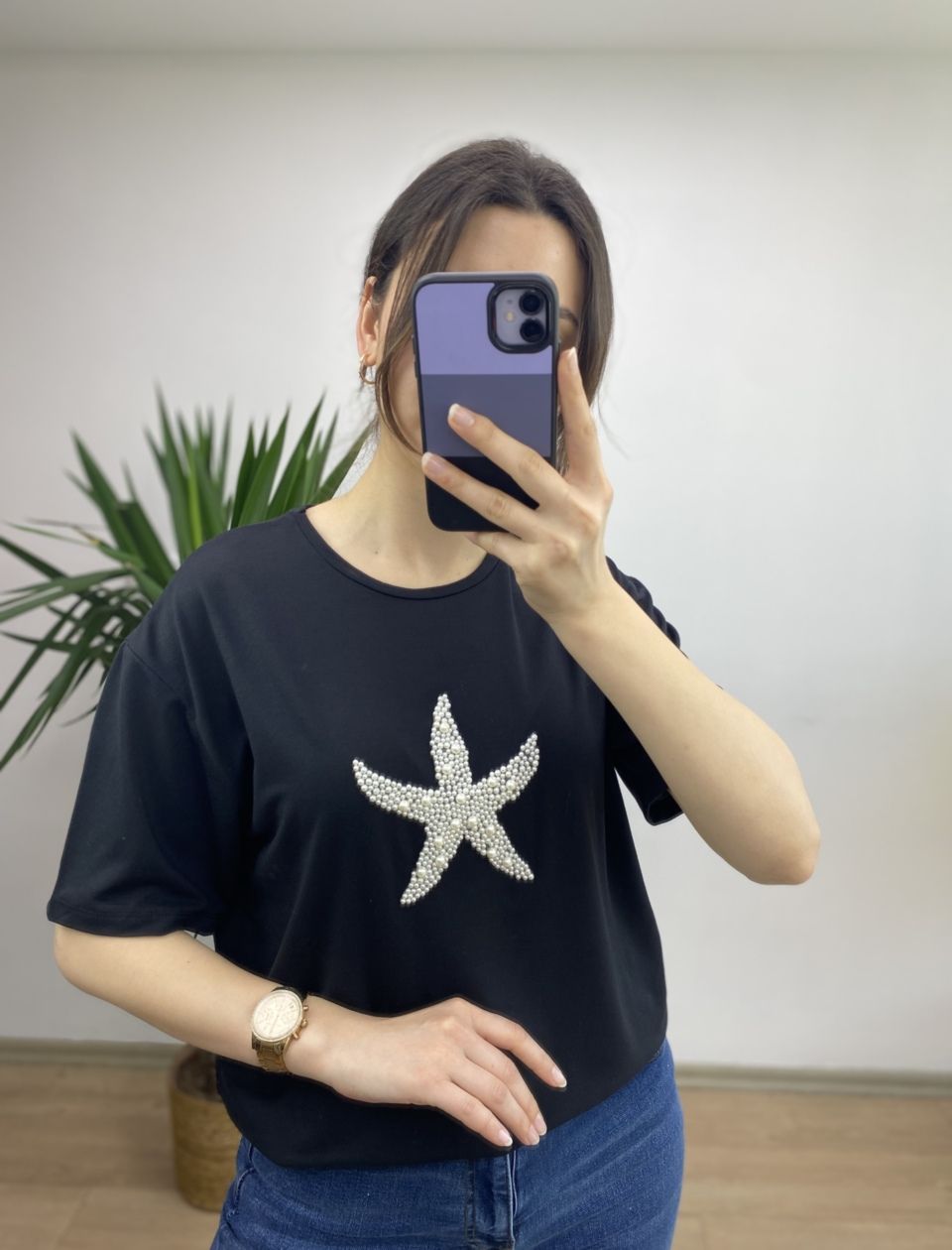 Siyah Yıldız İncili T-shirt - Görsel 2