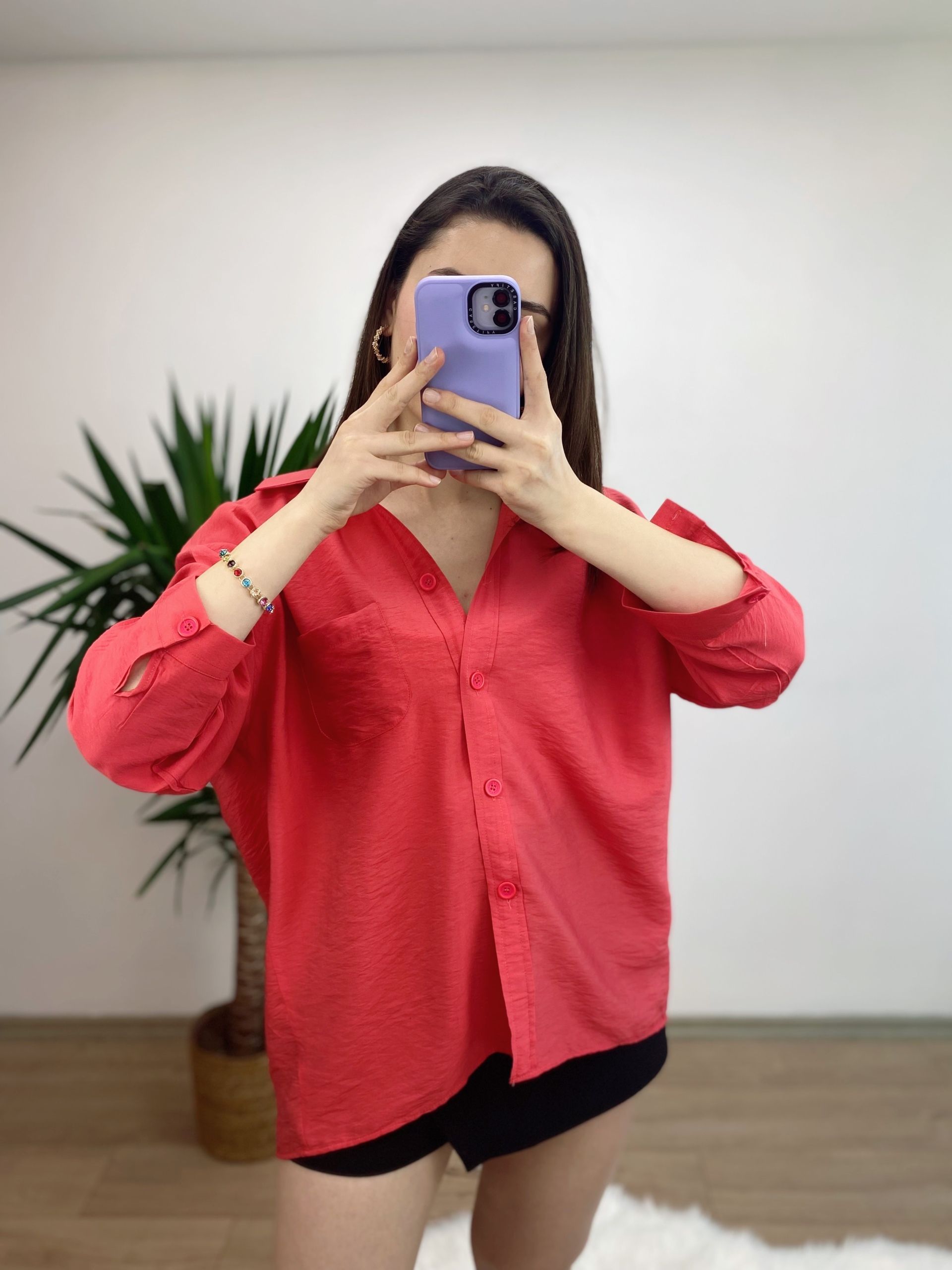 Kırmızı Bambu Oversize Premium Gömlek - Görsel 3