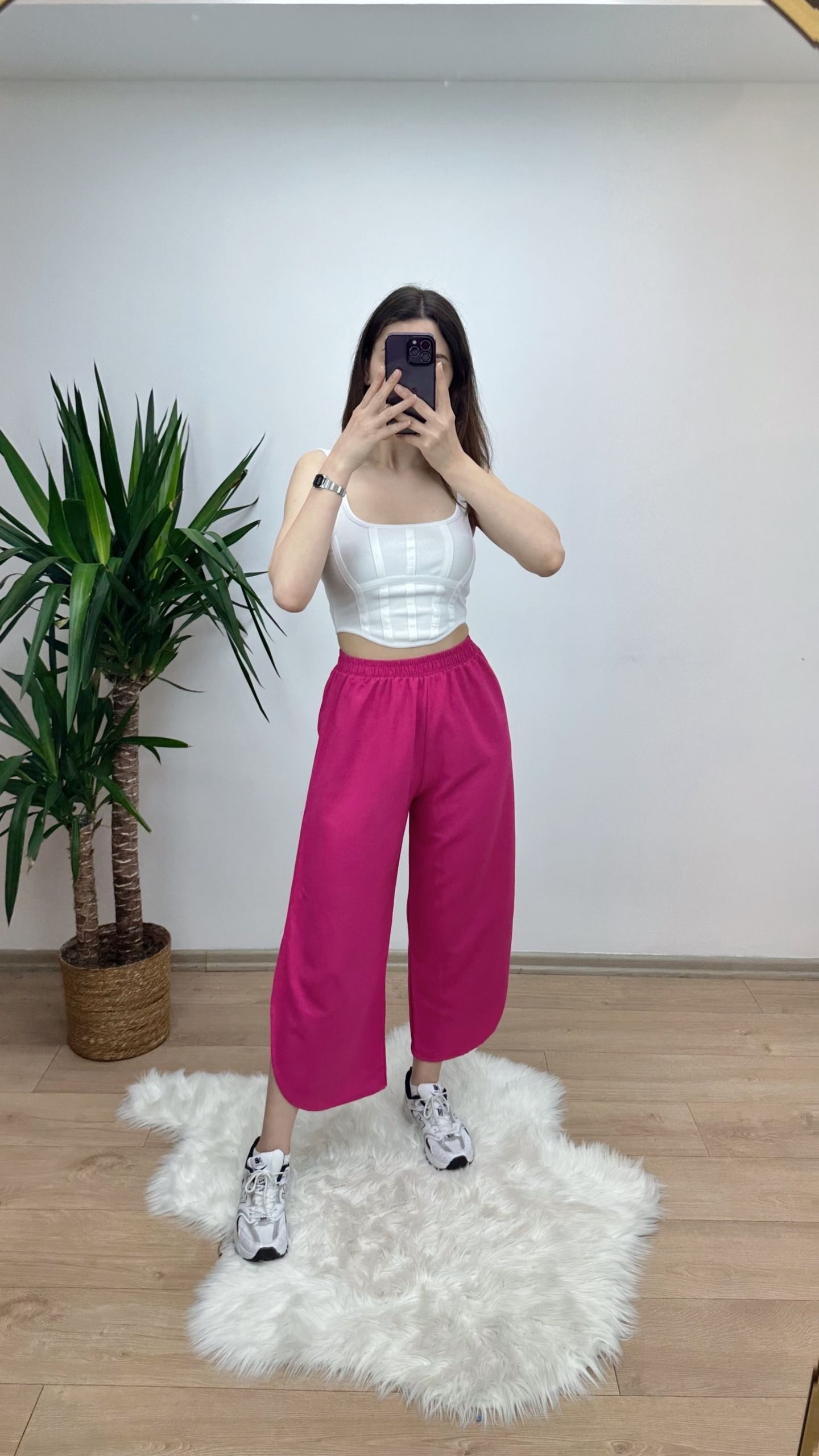 Fuşya Yırtmaçlı Keten Pantolon - Görsel 2
