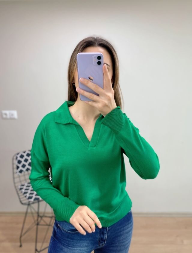 Yeşil Polo Yaka İnce Kazak