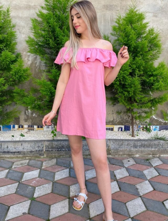 Pembe Madonna Yaka Mini Elbise