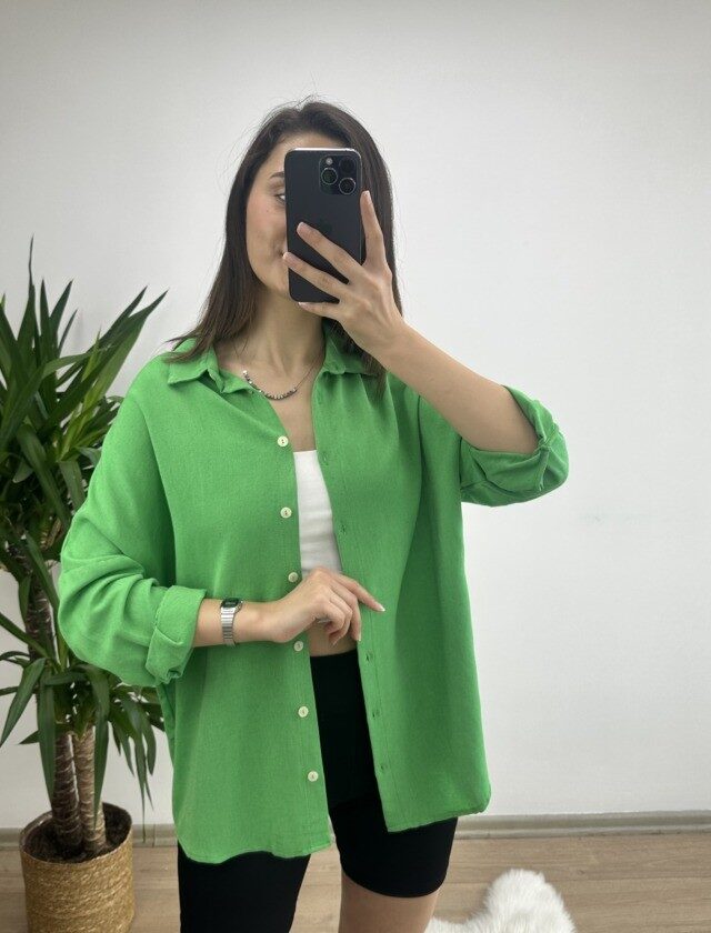 Yeşil Oversize Keten Gömlek