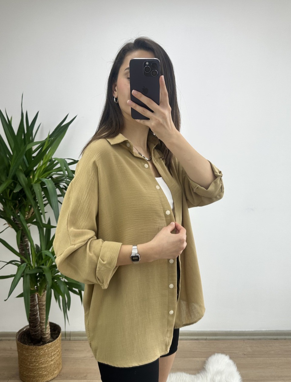 Camel Oversize Keten Gömlek - Görsel 4