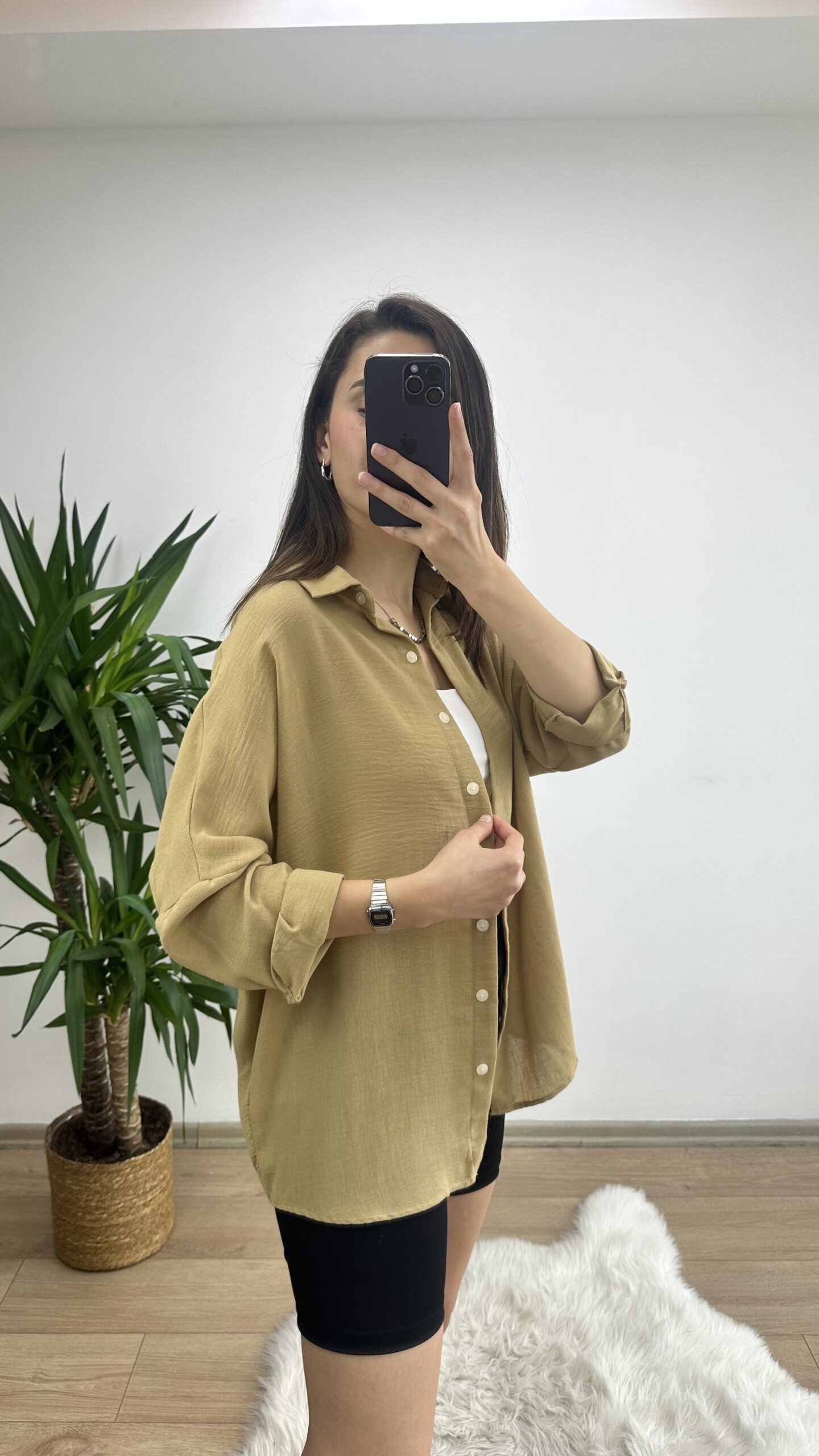Camel Oversize Keten Gömlek - Görsel 4