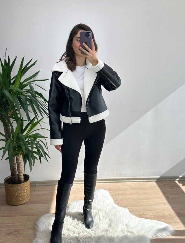Siyah Biker Kısa Mont