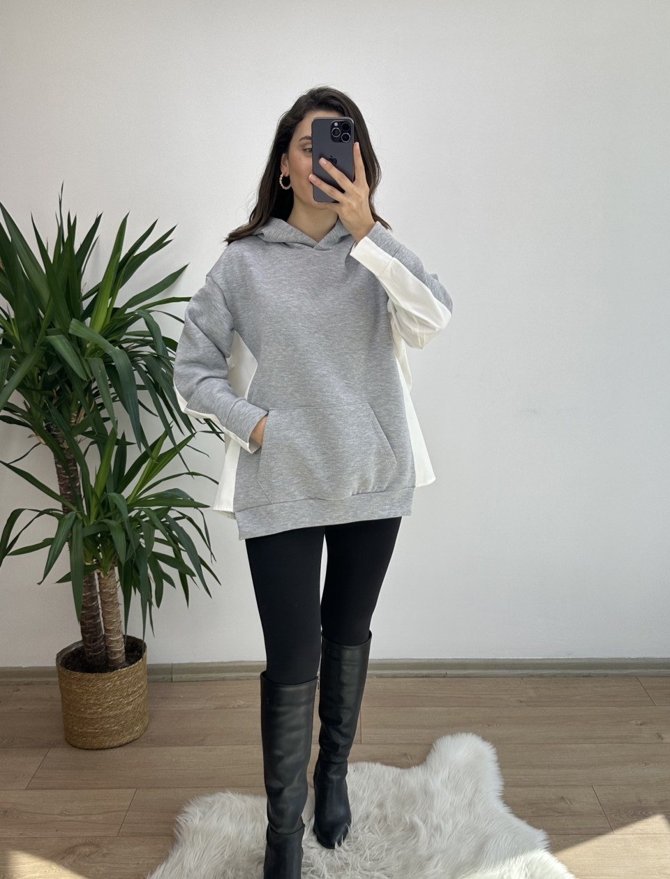 Gri Gömlek Detay Oversize Sweat