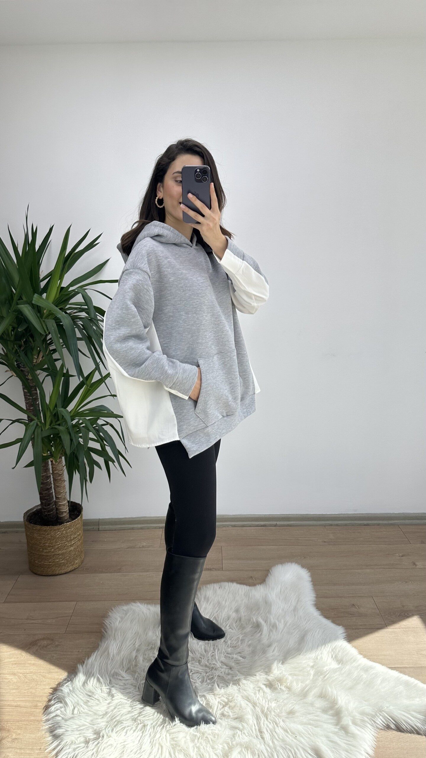 Gri Gömlek Detay Oversize Sweat - Görsel 3