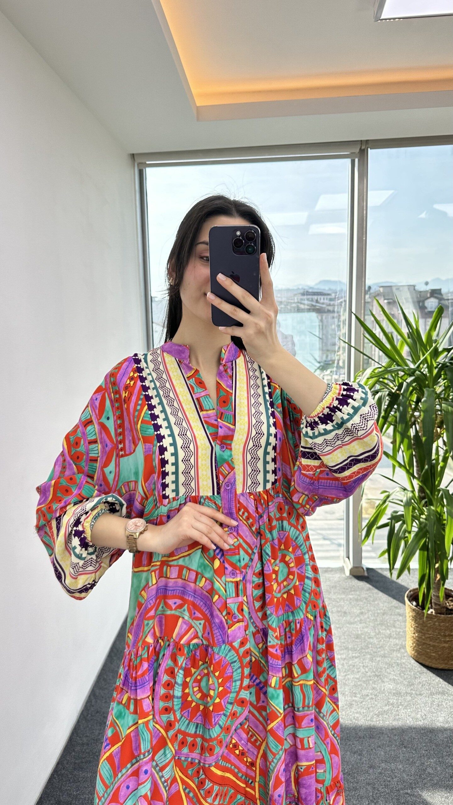 Pembe Asimetrik Desen Salaş Elbise - Görsel 3