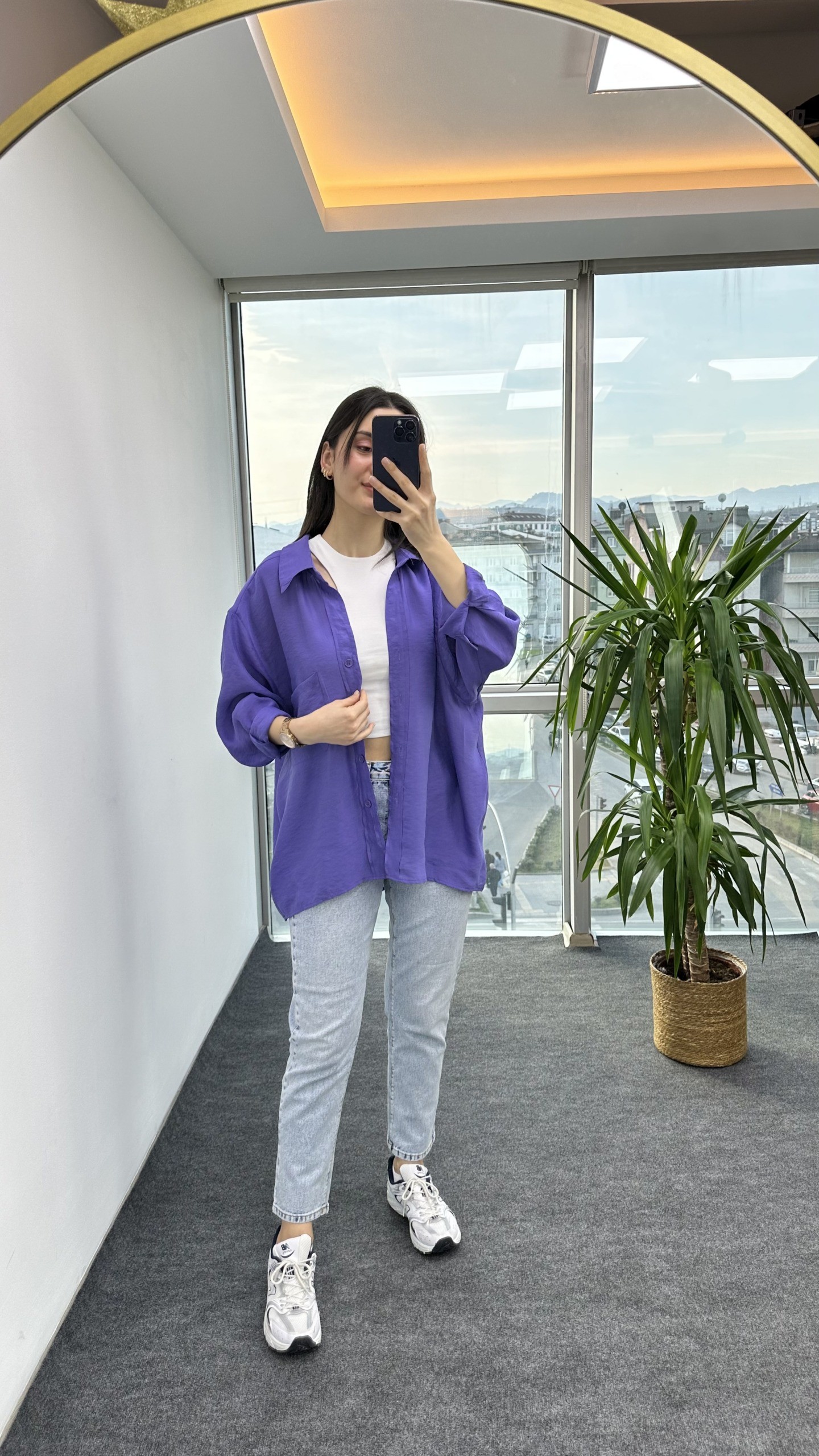 Mor Düşük Omuz Oversize Gömlek