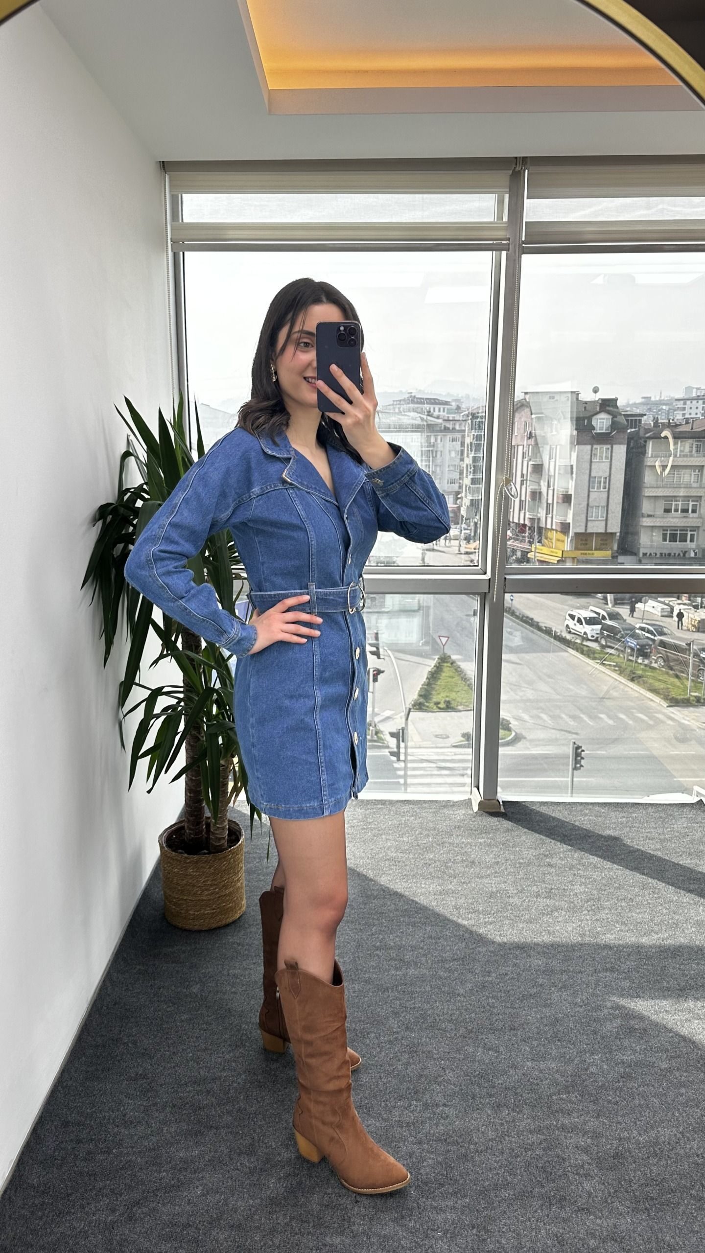 Premium Kemerli Denim Elbise - Görsel 3