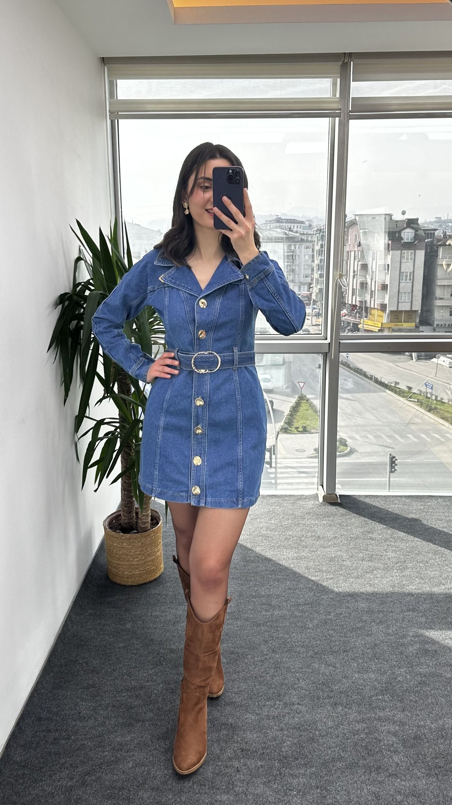 Premium Kemerli Denim Elbise